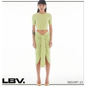 LBV. Lurex Jersey Sarong Midi Ruched Skirt Sz 6 Acid Yellow NWt 198